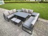 Fimous U-shaped Garden Furniture Set 11-Seater Aluminium Outdoor Dining Set with Adjustable Rising Lifting Dining Table Side Table 2 Small Footstools Dark Grey