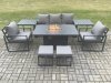 Fimous Aluminium Patio Outdoor Garden Furniture Lounge Sofa Set Gas Fire Pit Dining Table with 2 Side Tables 2 Small Footstools Dark Grey