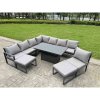 Fimous 8 Pieces Aluminium Garden Furniture Set with Cushions, Patio Furniture Set with Adjustable Rising Lifting Dining Table Big Footstool Dark Grey