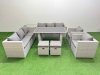Fimous 10 Seater Wicker PE Rattan Furniture Outdoor Dining Table 3 Seater Sofa Armchair Set with Side Table 2 Small Stools Light Grey