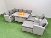Fimous Outdoor Furniture Garden Dining Set Rattan Corner Sofa Chair Sets Gas Fire Pit Table with Temper Glass Footstools 10 Seater Light Grey Mixed