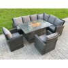 Fimous High Back Rattan Corne r Sofa Set Garden Furniture Sofa Gas Fire Pit Dining Table Gas Heater With 2 Arm Chair 8 Seater