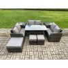 Fimous 9 Pieces Outdoor Rattan Garden Furniture Set with Patio Rectangular Dining Table Love Sofa 2 Side Tables 3 Footstools Dark Grey Mixed