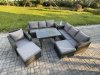 Fimous Wicker 7 Pieces Rattan Garden Furniture Sofa Set with Rectangular Dining Table Armchair 2 Big Footstool Side Table Dark Grey Mixed