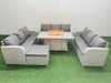 Fimous PE Rattan Lounge Sofa Set 10 Seater Outdoor Garden Furniture Set with Firepit Dining Table 3 Seater Sofa Big Footstool Light Grey