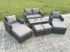 Fimous High Back Rattan Garden Furniture Sofa Sets with Rectangular Coffee Table Armchair 2 Big Footstool 2 Small Footstools Dark Grey Mixed