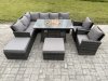 Fimous 10 Seater Outdoor Rattan Garden Furniture Set Corner Sofa Gas Fire Pit Dining Table Sets Gas Heater with 2 Big Footstool 2 Armchair Dark Grey Mixed
