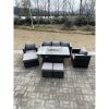 Fimous Outdoor PE Rattan Garden Furniture Gas Fire Pit Dining Table Armchairs With 3 Stools Dark Grey Mixed