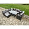 Fimous Outdoor Rattan Garden Furniture Sets Height Adjustable Rising lifting Dining Table Sofa Set with Reclining Chair Side Table Big Footstool Dark Grey Mixed