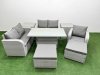 Fimous High Back Poly Rattan Garden Furniture Set with Reclining Chair Loveseat Sofa Adjustable Lifting Dining or Coffee Table Indoor Outdoor Patio Set 2 Big Stool 2 Side Table Light Grey