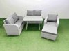 Fimous 6 Seater Outdoor Rattan Garden Furniture Set Love Sofa Reclining Chair Set with Rectangular Dining Table Big Footstool Light Grey