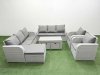 Fimous PE Rattan High Back Lounge Sofa Set Patio Oblong Coffee Table & Chairs Set with 3 Seater Sofa Reclining Chair 3 Stools Light Grey