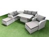 Fimous Patio PE Wicker 8 Seater Outdoor Rattan Furniture Sofa Sets with Adjustable Lifting Dining or Coffee Table Reclining Chair Loveseat Sofa 3 Seater Sofa 2 Big Footstools Side Table Light Grey