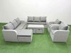 Fimous PE Rattan High Back Lounge Sofa Set Patio Oblong Coffee Table & Chairs Set with 3 Seater Sofa Reclining Chair 3 Stools Side Table Light Grey