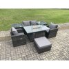 Fimous Rattan Garden Furniture Set Outdoor Patio Gas Fire Pit Dining Table and Chairs with 2 Side Tables Love seat Sofa Footstool