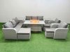 Fimous PE Rattan High Back Lounge Sofa Set Patio Firepit Dining Table & Chairs Set with 3 Seater Sofa Reclining Chair 3 Stools 2 Side Table Light Grey