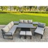 Fimous Garden Aluminium Furniture Set Dark Grey 10 Seater Outdoor Patio Adjustable Rising Lifting Dining Table with 3 Footstools Side Table Dark Grey