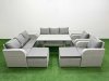 Fimous PE Rattan High Back Lounge Sofa Set Patio Rectangular Dining Table & Chairs Set with 3 Seater Sofa Reclining Chair 2 Big Footstool 2 Side Table Light Grey