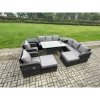Fimous 10 Seater Rattan Garden Furniture Set Oblong Rectangular Dining Table and Chairs Set with 3 Seater Sofa 2 Big Footstool 2 Side Tables Dark Grey Mixed