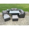 Fimous Wicker PE Rattan Furniture Garden Dining Set Outdoor Height Adjustable Rising lifting Table Love Sofa With Reclining Chair 2 Side Tables 2 Big Footstool