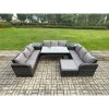 Fimous Patio Rattan Garden Furniture Set with Oblong Rectangular Dining Table Big Footstool 2 Side Tables 10 Seater Outdoor Lounge Sofa Set Dark Grey Mixed