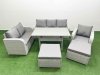 Fimous Patio PE Wicker 8 Seater Outdoor Rattan Furniture Sofa Sets with Rectangular Dining Table Reclining Chair Loveseat Sofa 3 Seater Sofa 2 Big Footstools Light Grey