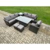 Fimous Outdoor Rattan Garden Furniture Sets Height Adjustable Rising lifting Dining Table Sofa Set with Reclining Chair Side Table 2 Small Footstools Dark Grey Mixed