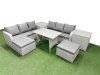 Fimous Patio Dining Table & Chairs Set Rattan High Back Lounge Sofa Set with 3 Seater Sofa 2 Side Tables 2 Big Stool Light Grey