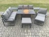 Fimous Aluminium 8 Pieces Garden Furniture Sofa Set with Cushions 9 Seater Gas Fire Pit Dining Table Set with 2 Side Tables 2 Big Footstools Dark Grey