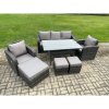 Fimous 8 Seater Rattan Outdoor Garden Furniture Set Rectangular Dining Table and Chair Sofa Set With 3 Footstools Dark Grey Mixed