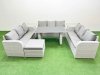 Fimous Patio Garden Furniture Sets with Black Glass Top Dining Table 3 Seater Sofa 2 Side Tables Big Stool Light Grey