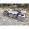 Fimous Light Grey Corner Rattan Garden Furniture Set Gas Fire Pit Heater Burner Lounge Sofa With 2 Side Coffee Table And Armchairs