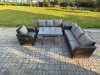 Fimous Outdoor Lounge Sofa Set Wicker PE Rattan Garden Furniture Set with Rectangular Dining Table Reclining Chair Side Table Dark Grey Mixed