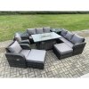 Fimous Rattan Outdoor Furniture Gas Fire Pit Rectangle Dining Table Gas Heater Reclining Chair 3 Seater Sofa Sets with Side Table 10 Seater