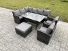 Fimous 9 Seater Outdoor Rattan Garden Furniture Set with Rectangular Dining Table Big Footstool 2 Armchiars Patio Wicker Corner Sofa Set Dark Grey Mixed