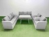 Fimous Rattan High Back Lounge Sofa Set Patio Dining Table & Chairs Set with 3 Seater Sofa 2 Reclining Chairs Side Table Light Grey