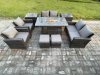 Fimous Outdoor Garden Furniture Sets 9 Pieces Wicker Rattan Furniture Gas Firepit Dining Table Sofa Set with 2 Small Footstools 2 Side Tables Dark Grey Mixed