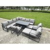 Fimous 11 Seater Aluminium Sofa Set 10 Pieces Outdoor Garden Furniture - Rising Dining Table with Cushions 2 Big Footstools 2 Chair Footstool Dark Grey