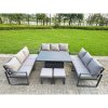 Fimous U-shaped Garden Furniture Set 10-Seater Aluminium Outdoor Dining Set with Adjustable Rising Lifting Dining Table 2 Side Tables Big Footstool Dark Grey