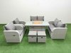 Fimous 8 Seater Outdoor Reclining Chair Love Sofa Set Rattan Garden Furniture Set with Firepit Dining Table 2 Stools Light Grey