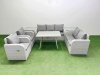 Fimous PE Rattan Garden Furniture Set Outdoor Rectangular Dining Table Sofa Set with Reclining Chair 2 Side Tables Light Grey