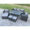 Fimous Outdoor Garden Furniture Set Patio Rattan Rectangular Dining Table Lounge Sofa Chair with Big Footstool 2 Small Stools Dark Grey Mixed