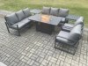 Fimous Aluminium Outdoor Garden Furniture Set Patio Lounge Sofa Gas Fire Pit Dining Table Set with 2 Side Tables Dark Grey