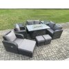 Fimous 9 Seater Rattan Garden Furniture Set Propane Gas Fire Pit Table and Sofa Chair set with 3 Footstool 2 Side Tables