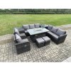 Fimous Wicker Rattan Garden Furniture Set Gas Fire Pit Dining Table Indoor Outdoor with 2 Side Tables Chair Loveseat Sofa 2 Small Footstools