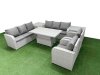Fimous PE Rattan High Back Lounge Sofa Set Patio Adjustable Lifting Dining or Coffee Table & Chairs Set with 3 Seater Sofa Reclining Chair 2 Side Table Light Grey