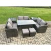 Fimous 8 Seater Outdoor Rattan Garden Furniture Set with Patio Rectangular Dining Table 2 Side Tables Love Sofa 2 Small Footstools Dark Grey Mixed