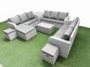 Fimous PE Rattan Lounge Sofa Set 12 Seater Outdoor Garden Furniture Set with Rectangular Coffee Table 3 Seater Sofa 3 Stools Side Table Light Grey
