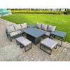 Fimous 7 Pieces Garden Furniture Set Aluminium Adjustable Rising Lifting Dining Table and Sofa Set with Side Table 3 Footstools Dark Grey