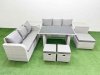 Fimous 9 Seater Rattan Outdoor Dining Table 3 Seater Sofa Set with 2 Side Tables 3 Stools Light Grey